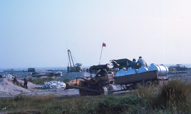 Gas grid installation works at Southwold harbour mouth, 1969.